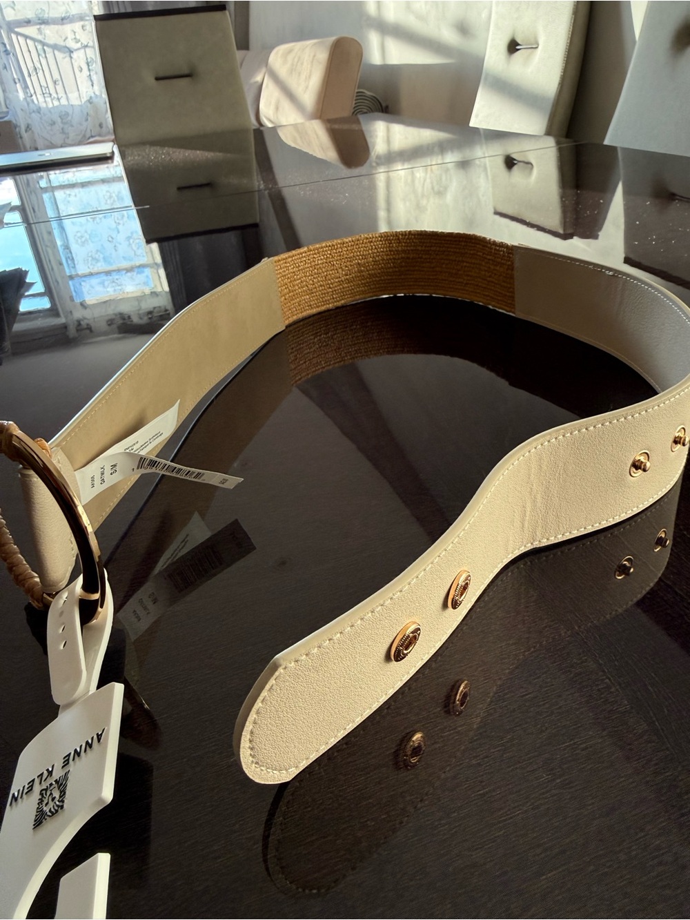 Anne Klein Cream Stretch Wide Waist Belt with Gold-Tone Accents